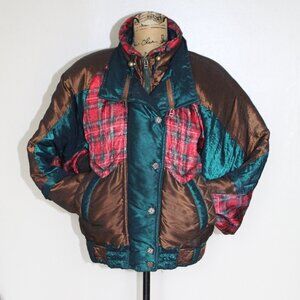 Vintage 80s 90s East West Christmas Plaid Iridescent Puffer Ski Coat Women's S